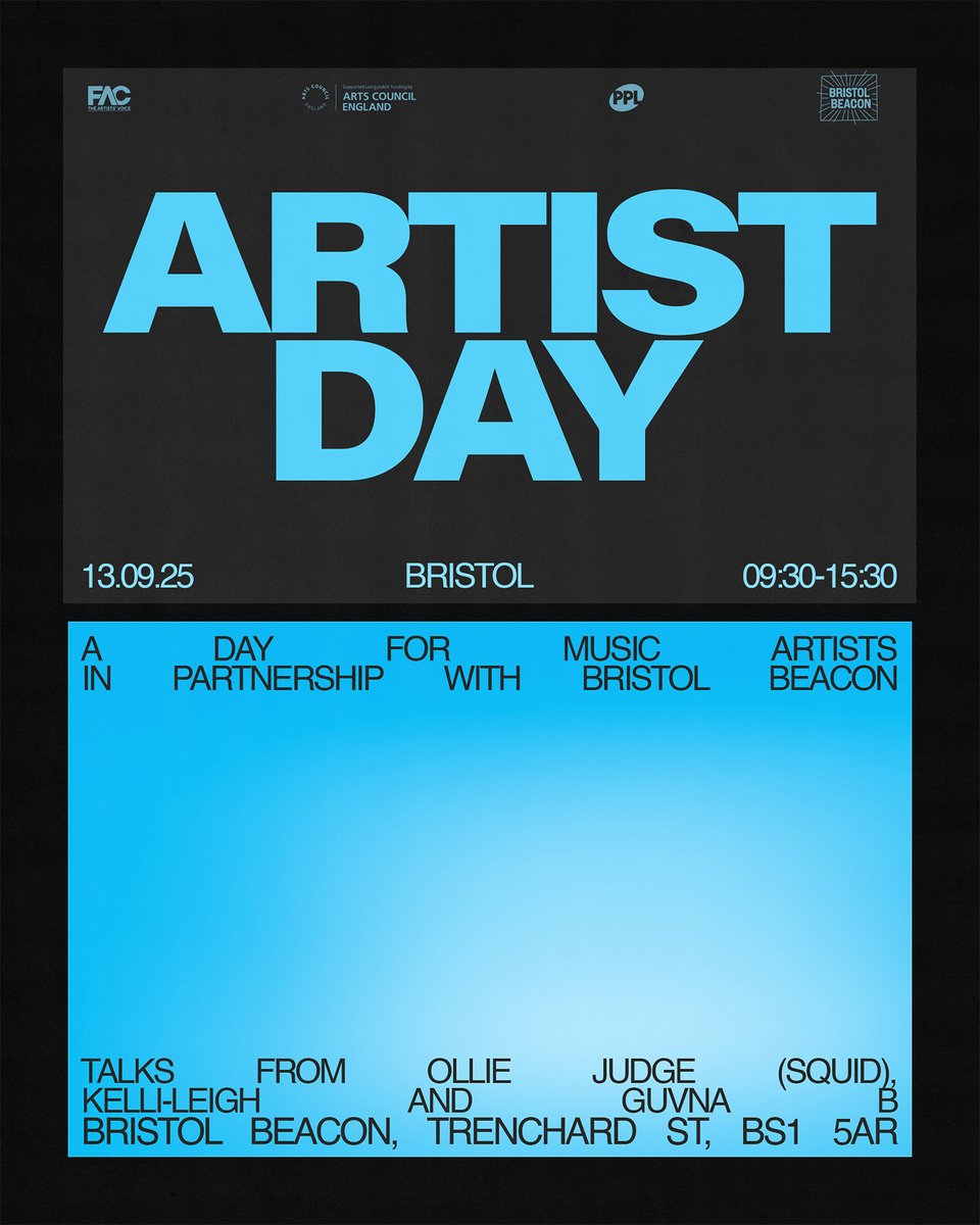 Currently on my way to Bristol for the first of four FAC Artist Days. I'll be joining Kelli-Leigh, Guvna B + Ollie Judge from Squid + a plethora of brilliant music industry guests to discuss the business of being an artist in music in 2025. Hope to see some of you there!