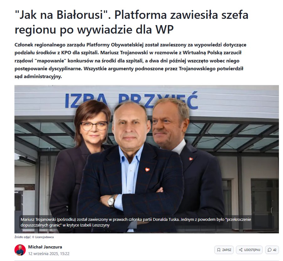 Michał Janczura (@jan_czura) on Twitter photo ‼️‼️Mówił głośno o "ustawianiu" konkursów z KPO dla szpitali - zawiesili go w Platformie.
Mariusz Trojanowski został ukarany 2 dni po wywiadzie dla <a href="/wirtualnapolska/">Wirtualna Polska</a> który opublikowaliśmy z <a href="/SzJadczak/">Szymon Jadczak</a>!
Wszystkie jego argumenty potwierdził Naczelny Sąd Administracyjny!
LINK ‼️‼️Mówił głośno o "ustawianiu" konkursów z KPO dla szpitali - zawiesili go w Platformie.
Mariusz Trojanowski został ukarany 2 dni po wywiadzie dla <a href="/wirtualnapolska/">Wirtualna Polska</a> który opublikowaliśmy z <a href="/SzJadczak/">Szymon Jadczak</a>!
Wszystkie jego argumenty potwierdził Naczelny Sąd Administracyjny!
LINK