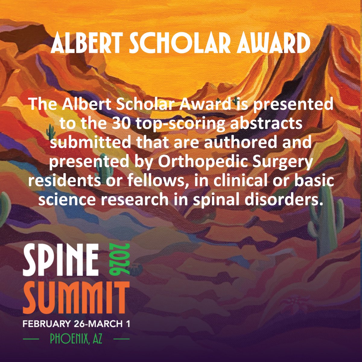 Albert Scholar Awards – Deadline: September 26, 2025

The Albert Scholar Awards, established in honor of Todd Albert, MD through the Todd Albert Honor Your Mentor Fund, recognize excellence in spine research by orthopedic surgery trainees.

Award Details:
👉 Up to 30 awards will