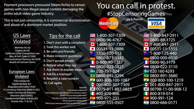 If you find the idea of visa and Mastercard acting as morality police 👮 consider taking some action outlined below! (These were designed for adult video games which are also affected but you can use them!)

*maybe skip stripe and PayPal they will never accept 🌽