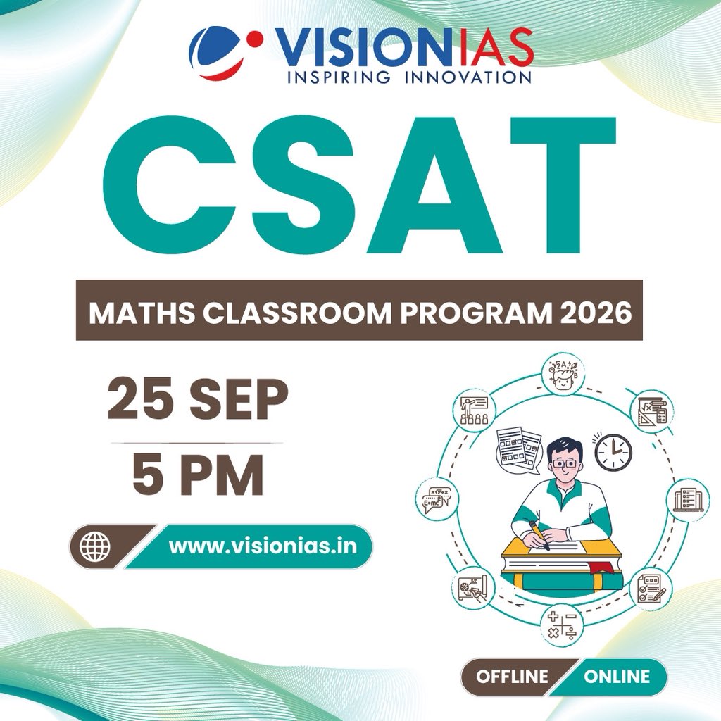Vision_IAS's tweet image. 📊 CSAT Classroom Program 2026 – Maths | Starts: 25 September, 5 PM 

🔑 What you get:
• Complete Maths syllabus coverage aligned with UPSC
• Weekly mini-tests &amp;amp; tutorials for doubt clearing

🔗 visionias.in/csat

📱 8468022022

#VisionIAS #CSAT #UPSC2026 #MathsForUPSC