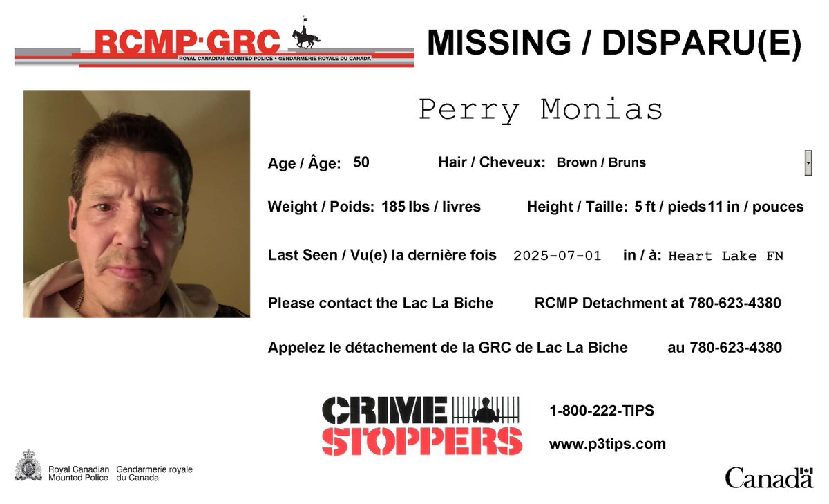 #Missing: Perry Monias, 50, #LacLaBiche.