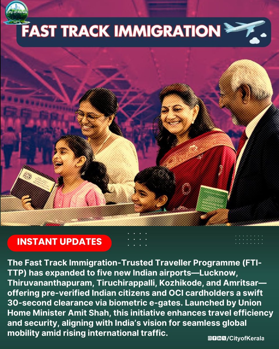 Kerala_City's tweet image. Fast Track Immigration now at 5 airports: Lucknow, Thiruvananthapuram, Trichy, Kozhikode, Amritsar!  30-sec clearance for Indians &amp;amp; OCI cardholders with e-gates. 3L+ enrolled! #FastTrackImmigration #TravelTech #IndiaTravel