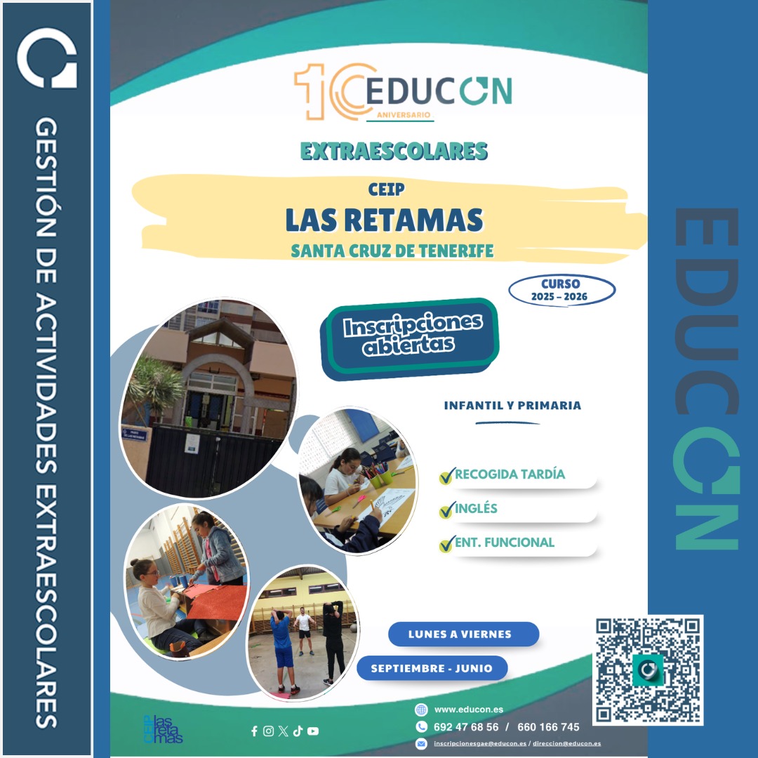 📍 CEIP Las Retamas – Santa Cruz de Tenerife
Curso Escolar 2025–2026
¡Diversión, movimiento y aprendizaje para todos los niveles! 
Queridas familias:
Nos alegra anunciar que este curso 2025–2026, EDUCON continuará ofreciendo sus servicios y actividades en el CEIP Las Retamas.