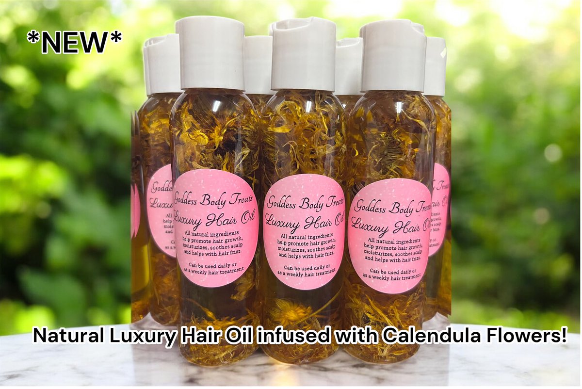 The new 4oz natural luxury hair oil made with 14 amazing oils &amp; essential oils infused w/Calendula flowers are now available

These natural oils hydrate, strengthen, moisturize, soothes scalp, improve scalp health, reduces frizz and promote hair growth
#goddessbodytreats #hairoil