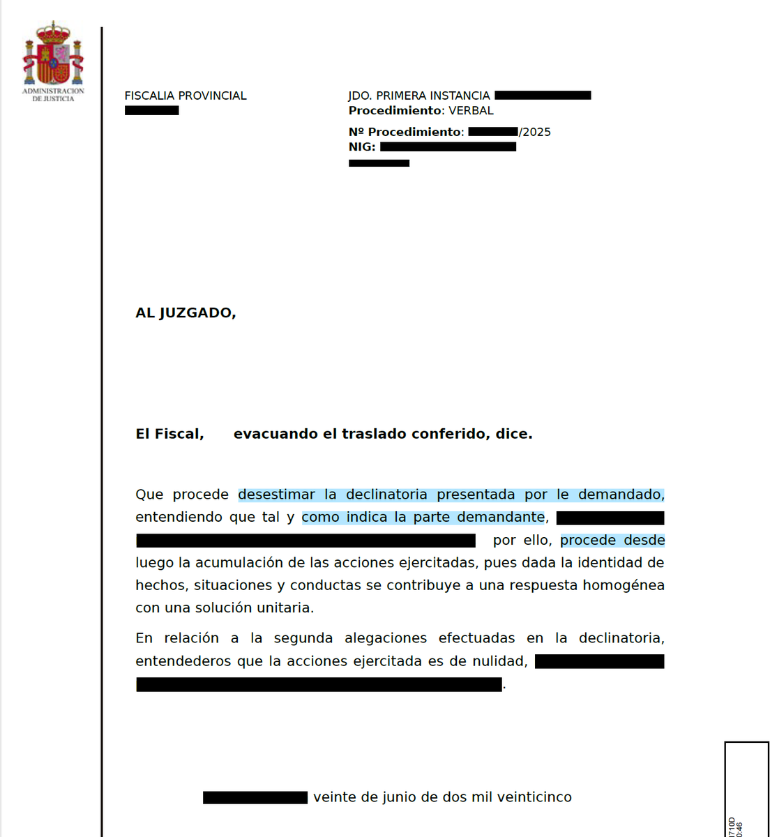 😮 ¿Qué pasa cuando hasta el Fiscal se pone de tu lado?
En este caso lo tiene claro: pide desestimar la declinatoria de las casas de apuestas.
👉 Acción de nulidad, no de cesación.
👉 El Juzgado es competente.
Se avecina otra victoria. 💥
<a href="/TennisChannels/">TennisChannels</a> <a href="/rubenuria/">Rubén Uría</a> <a href="/saque_ace/">SAQUE ACE</a>