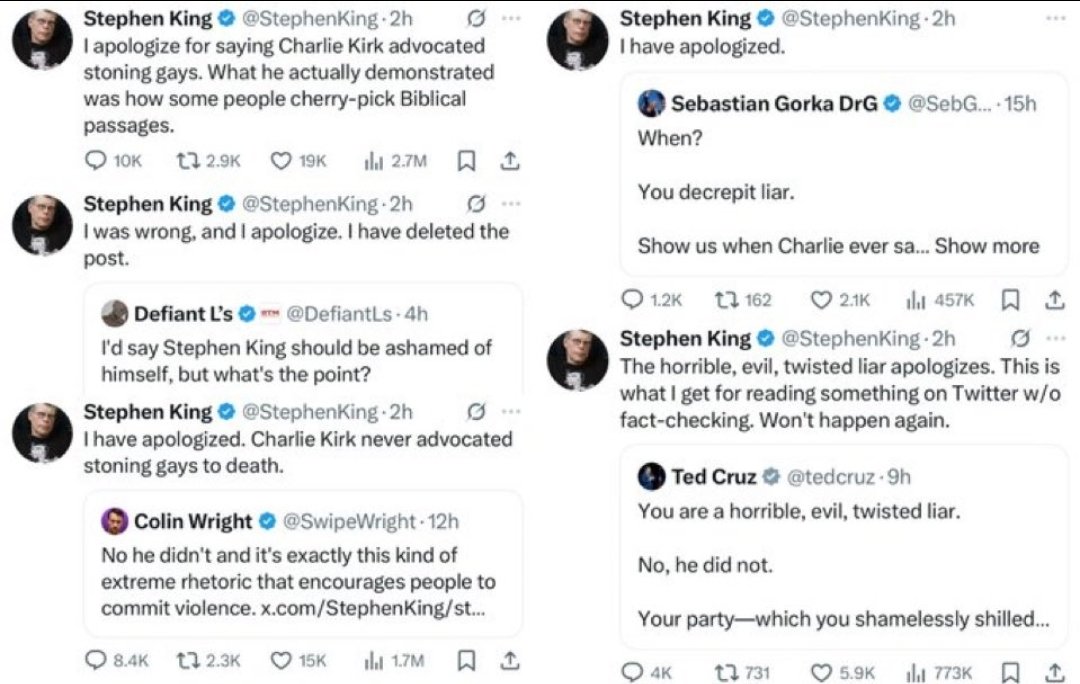 Stephen King is having a bad day. 

I dont care that he apologized and deleted. If this had been a one-time occurrence, I could turn the other cheek. 

Not anymore. He has spewed hateful propaganda for years. 

I hope he is held accountable and the Kirk family sues tf out of him.