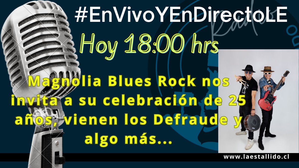 #EnVivoYEnDirectoLE desde las 18:00 con <a href="/rfuenzalispi/">René Fuenzalida E.</a> 

Nos visitan los <a href="/Magnolia_Blues/">MagnoliaBluesRock</a>  #CokeAraya, los @defraudesrock y nuestra amiga <a href="/Leila_Nash/">Leila Nash Sáez 🇨🇱</a>  

Se escucha en la web y la app de Android
laestallido.cl