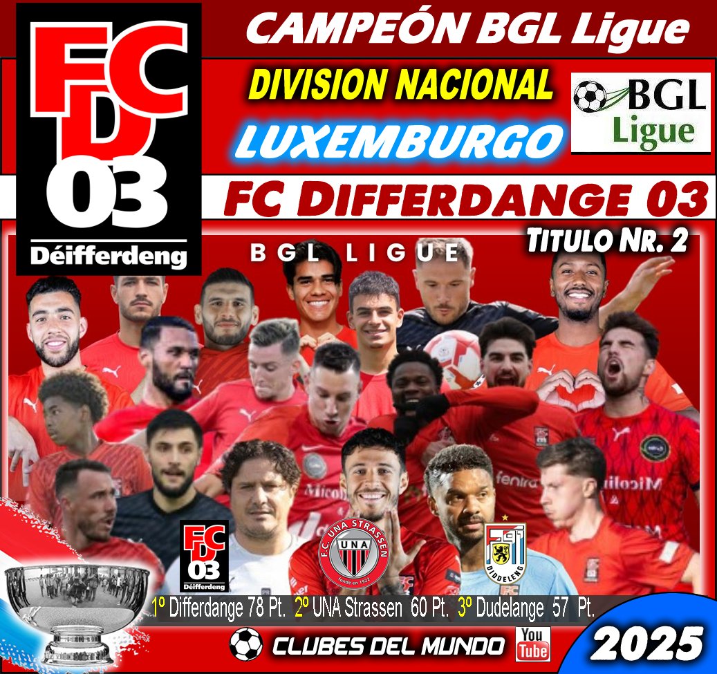 ClubsDelMundo's tweet image. El FC DIFFERDANGE  03 logra defender su Titulo de la BGL Ligue de LUXEMBURGO y la gana por segunda vez. Enhorabuena. #FCDifferdange #Differdange #Luxembourg #Luxemburgo #BGLLigue @FCDeifferdeng    @fcdeifferdeng03