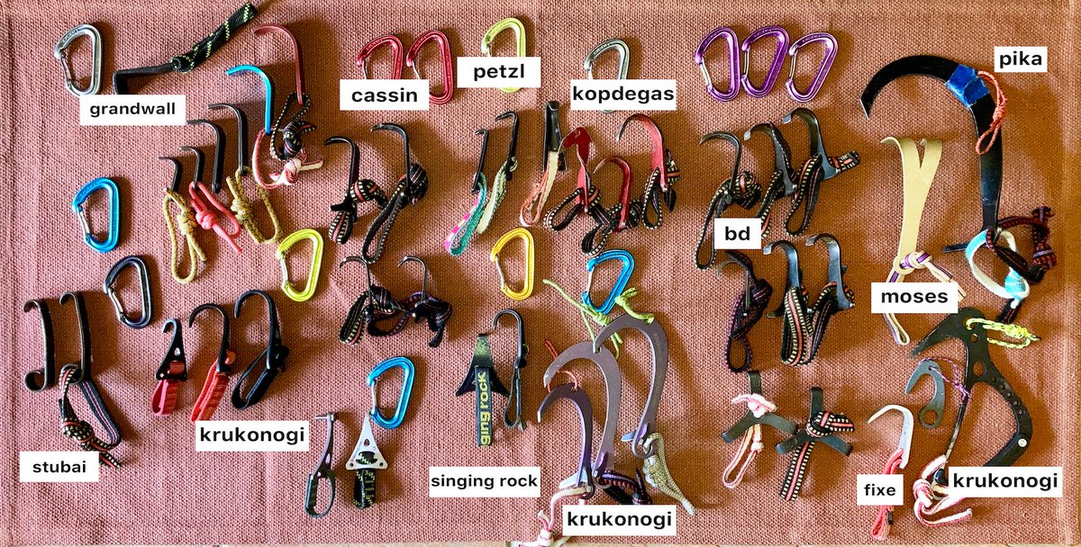 *col·lecció de ganxos d'escalada (els faig servir gairbé tots)

*my hooks colection (I almost use them all), from the big pika to the smallest krukonogi.

#soloaidclimbing #climbing #aidclimbing #hooks #skyhooks