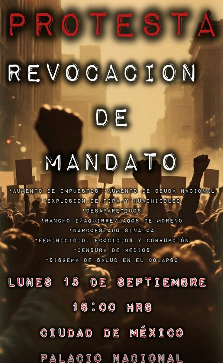 DIFUNDAN‼️ Ya es hora

Lunes 15 de septiembre a las 16:00 hrs en el Palacio Nacional CDMX‼️

Este movimiento es porque ya estamos cansados de los mismo, jóvenes queriendo un cambio real.

#Mexico #MexicoDeLuto #15DeSeptiembre #NarcoGobiernoDeMorena