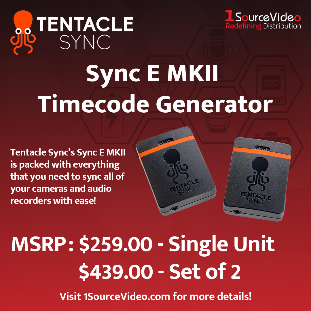 1sourcevideo's tweet image. @TentacleSync’s SYNC E MKII is a Bluetooth 5 timecode generator with 50 hr battery, built‑in scratch mic, and &lt;1 frame/day drift accuracy—tiny but powerful. #TentacleSync #Timecode #VideoProduction