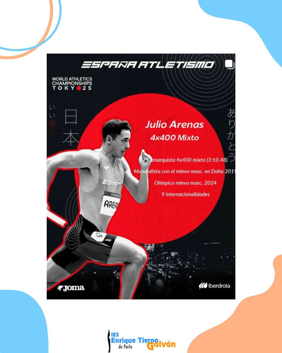 Desde el Tierno queremos felicitar a nuestro exalumno Julio Arenas. El ya dos veces campeón de España en 4x400 y mundialista en Doha 2019, entre otras muchas distinciones, ha sido seleccionado para competir en el Campeonato del Mundo en Tokio. ¡Te deseamos todo lo mejor! 👏👏