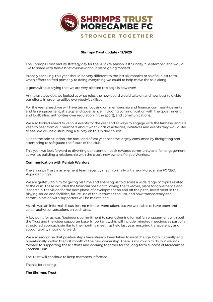 Please see below a general update from the Trust following our strategy day 🦐