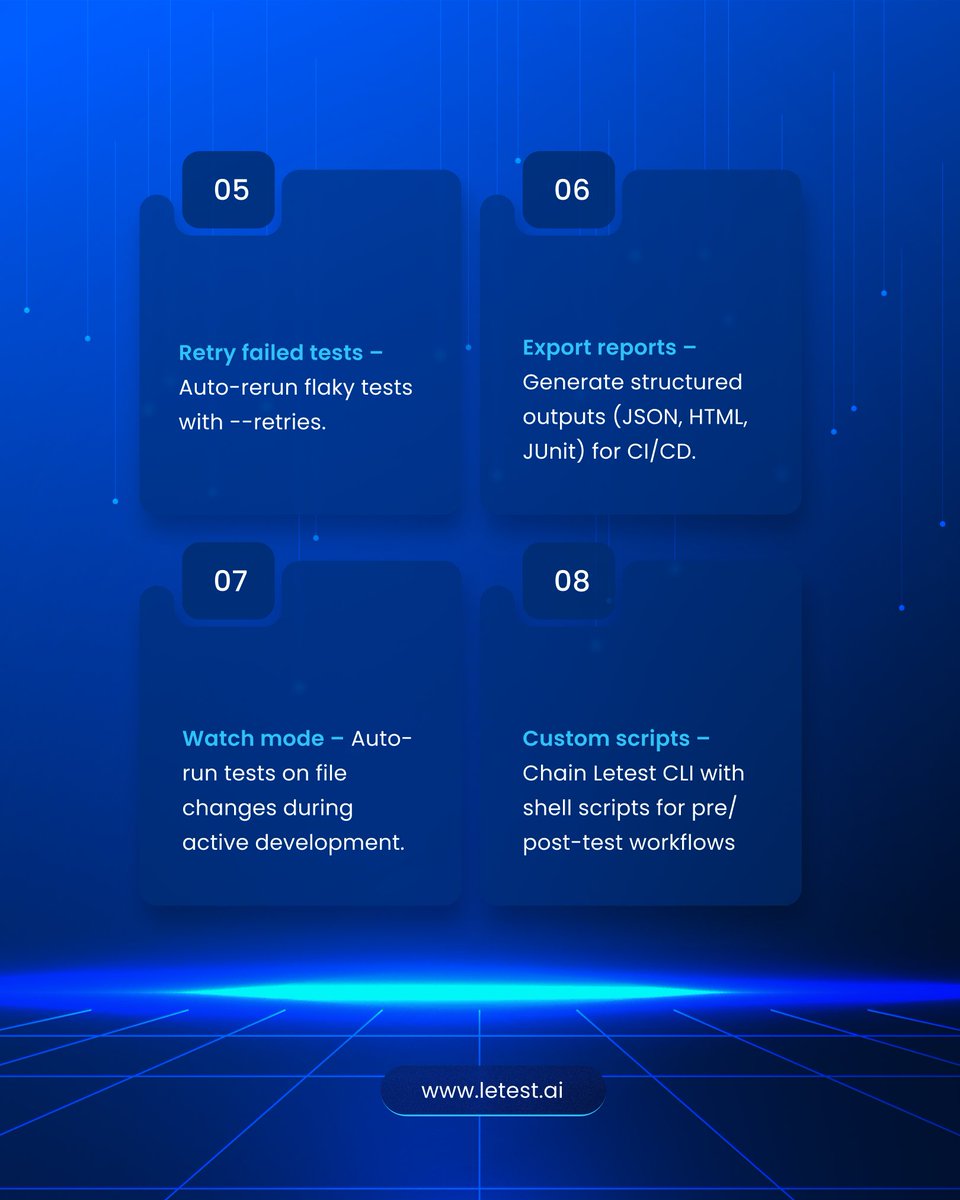 letest_ai's tweet image. 💡 Supercharge your testing workflow with Letest CLI Power Tips!

From running selective tests to debugging smarter, these tricks will save you time and make your automation runs more efficient. 🚀
Swipe through 👉 to discover

#LetestAI #TestingAutomation #CLITips