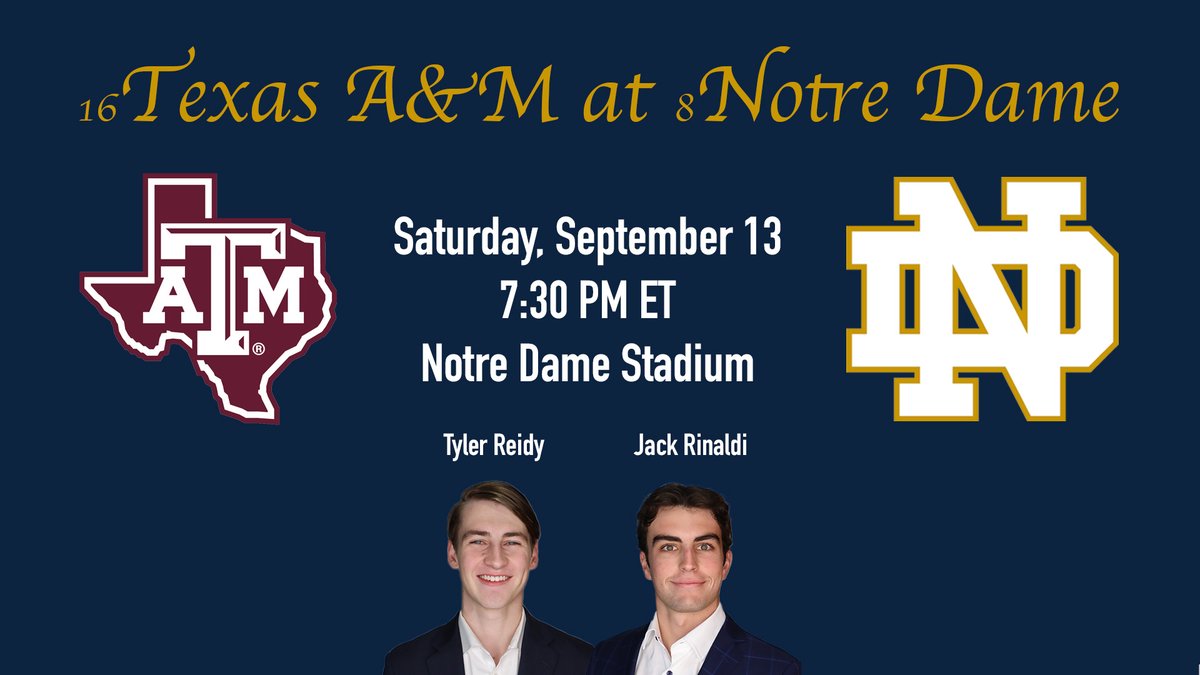 WVFI_Sports's tweet image. All eyes on South Bend for the 2025 home opener.

🏈: No. 16 Texas A&amp;amp;M at No. 8 Notre Dame
🕣: 7:30 PM ET on Saturday, September 13
🏠: Notre Dame Stadium
🎙️: Tyler Reidy and Jack Rinaldi
🔗: wvfi.nd.edu (Click the Sports button)