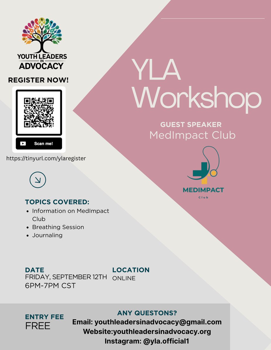 TODAY! Click the link to join Youth Leaders in Advocacy's first workshop:
tinyurl.com/ylaregister

This workshop will feature Peacock Youth Development and Medimpact Club as guest speakers. It will take place online today, September 12th, from 6PM-7PM CST.