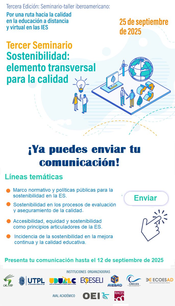 🔔 ¡Último llamado!
¡Hoy se cierra la convocatoria de comunicaciones! 

¿Ya enviaste tu propuesta? ⏳
Aún estás a tiempo de participar en el  Tercer Seminario de Sostenibilidad🌍

📌 Consulta los lineamientos: seminario-taller-iberoamericano.com/comunicaciones