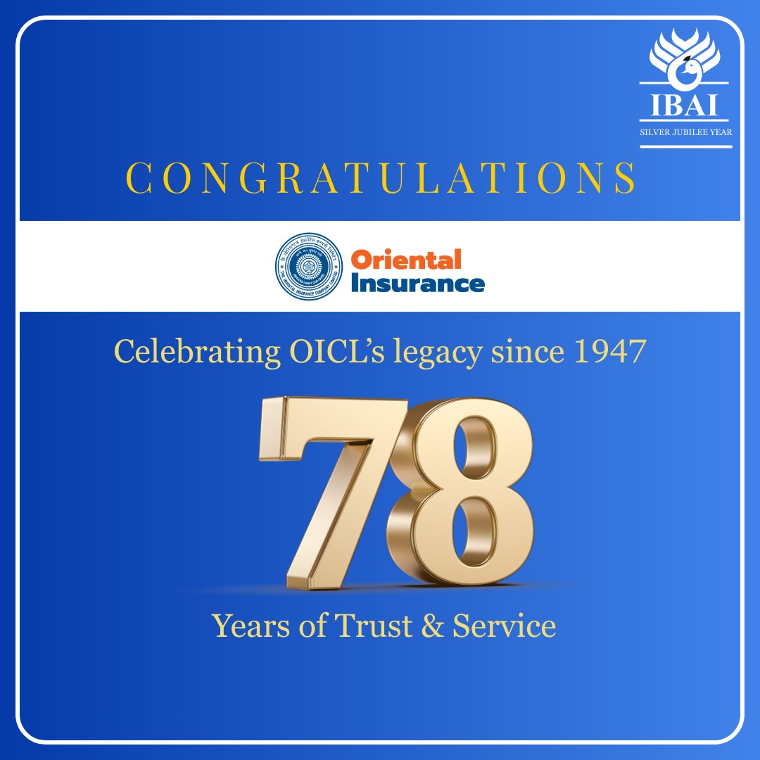 ibai_in's tweet photo. On this special milestone, we at IBAI extend our hearty congratulations to The Oriental Insurance Company Ltd. on completing 78 remarkable years!  Congratulations, Team OICL!

#OICL #OrientalInsurance #78YearsStrong #Since1947 #InsuranceExcellence #TrustAndService  #IBAI https://t.co/jPrdeedmue