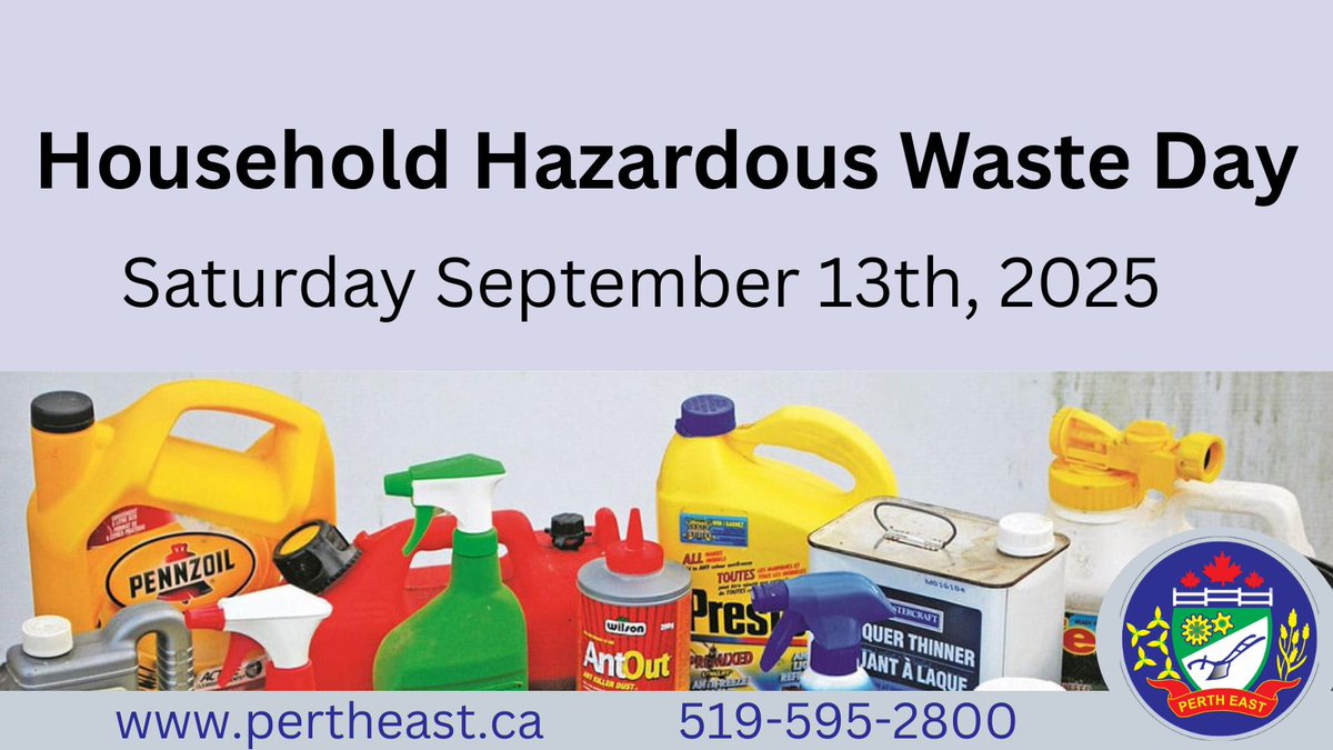 ♻️ Reminder!
Household Hazardous Waste Day is tomorrow — Saturday, September 13 🧪🗑️

Safely drop off items like paint, batteries, and chemicals.
Let’s keep Perth East clean &amp; green! 🌱

#PerthEast #WasteDay #HazardousWaste