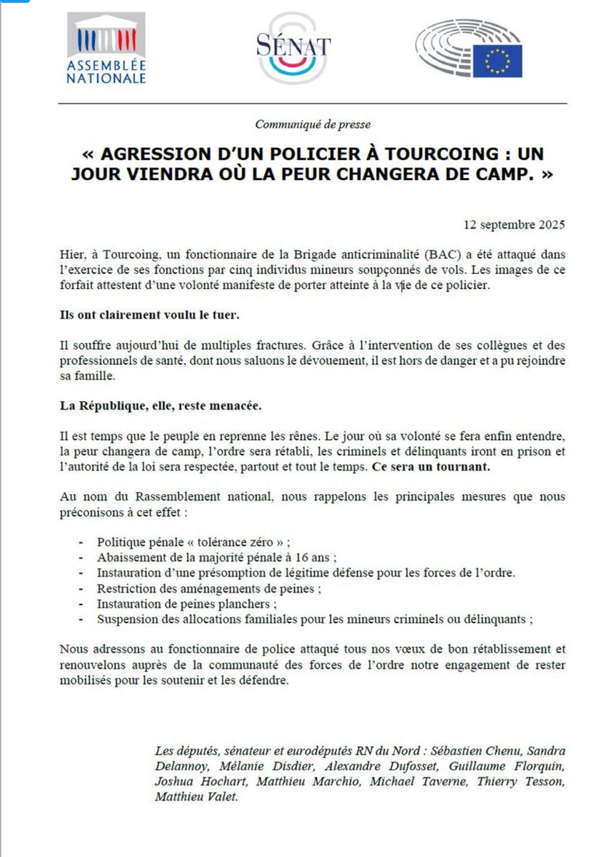 Michael Taverne (@tavernemichael) on Twitter photo à #Tourcoing, un policier de la #BAC a été violemment agressé par cinq mineurs qui ont voulu le tuer.
Retrouvez notre communiqué de presse signé par tous les élus parlementaires du #Nord.
Un jour viendra oĂč la peur changera de camp. Soutien total Ă  nos forces de lâordre. Ă #Tourcoing, un policier de la #BAC a Ă©tĂ© violemment agressĂ© par cinq mineurs qui ont voulu le tuer.
Retrouvez notre communiqué de presse signé par tous les élus parlementaires du #Nord.
Un jour viendra oĂč la peur changera de camp. Soutien total Ă  nos forces de lâordre.