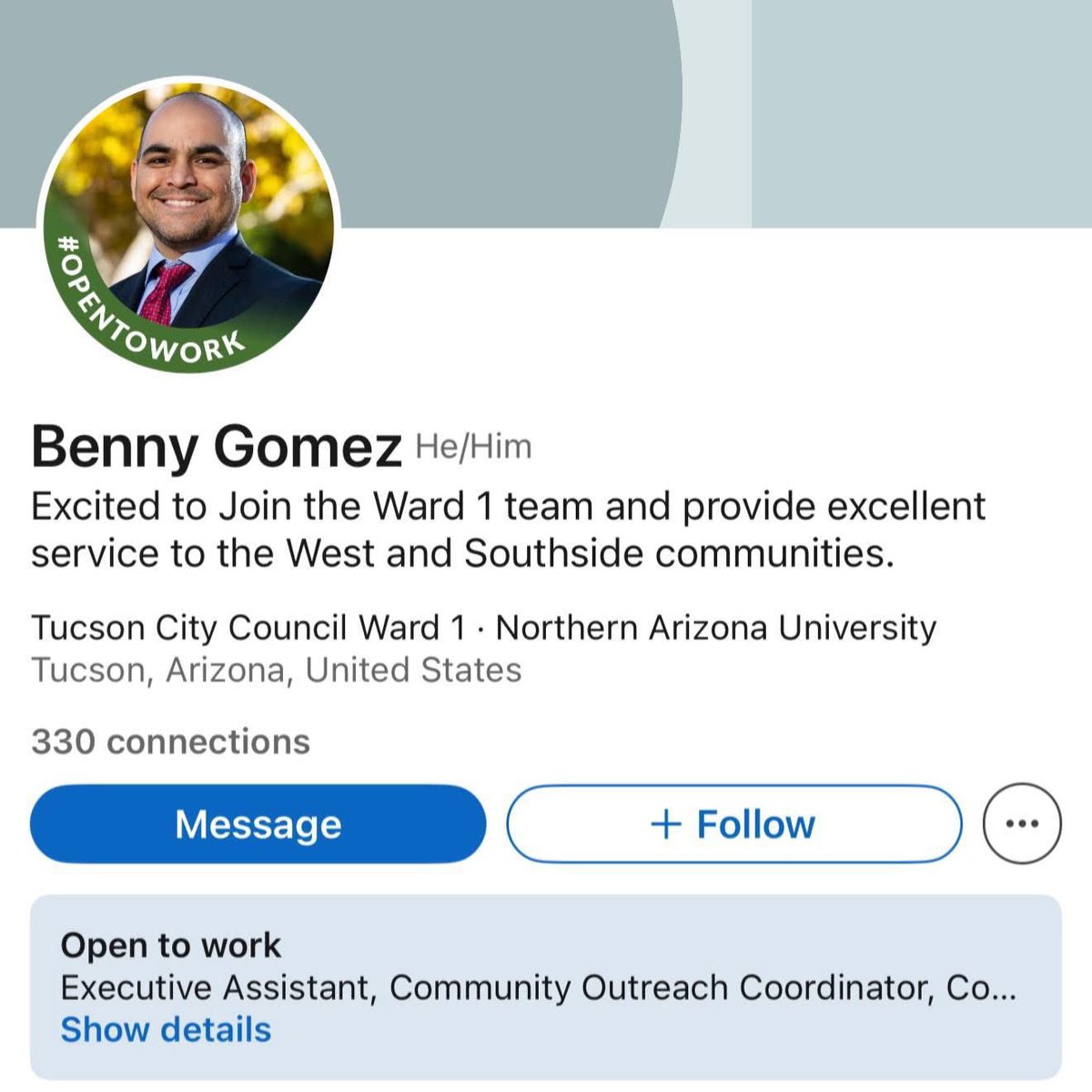Meet Benny Gomez. 

He works with Tucson Council Member Lane Santa Cruz, who cursed Charlie Kirk on her Instagram. 

Benny shared a post that he has no empathy for the assassination. 

Tucson has a lot of cleaning up to do.

📍Pima County, Arizona