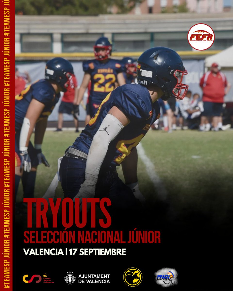🏈 #TeamESP 🇪🇸
🔥 ¡Tercera jornada de tryouts para la Selección Júnior! 

📍 Miércoles 17 → #Valencia

👉 Para deportistas del 2005 al 2009
👉 El 12/10, amistoso 🆚 <a href="/IMGAcademy/">IMG Academy</a>

Más info y formularios inscripción 
👇
fefa.es/tryouts-de-la-…

#ConéctatealFootball🏈 #FEFA