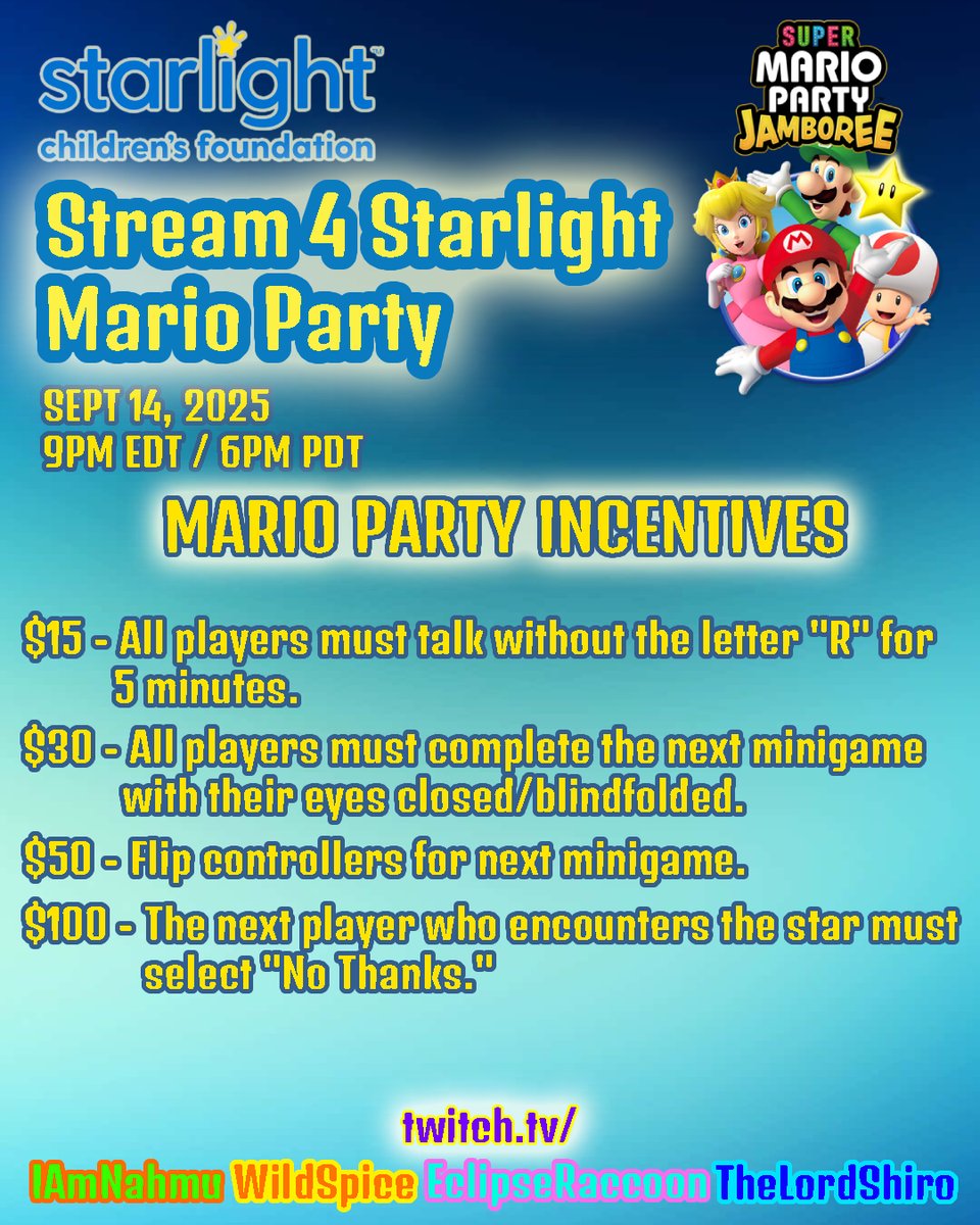 Hello! I haven't been posting up on my socials lately but I do want to say that I will be playing Mario Party Jamboree with three great streamers in Twitch. We will be raising money for the Starlight Children Foundation and hope to see you there! 
@twitch <a href="/StarlightUS/">starlightUS</a> <a href="/tiltify/">Tiltify</a>