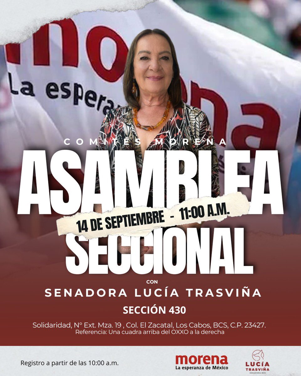 ⚠️ #AtencionPalomilla

Nos vemos este domingo 14 de septiembre 📆 a las 11:00 hrs. ⏰ en la Col. el Zacatal 📍para llevar a cabo nuestra #AsambleaSeccional. 

Porque nestro movimiento se fortalece desde las bases, vamos por los #ComitesMorena en todas las secciones. 🇲🇽