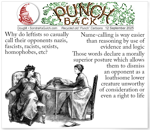 Two women in Victorian-era clothing sit at a table, engaged in conversation. One woman holds a book, and both are dressed in long dresses with intricate patterns. The text "PUNCH" and decorative foliage are visible at the top, along with the date "12 September 2025" and the phrase "Recycled old Punch Cartoons."