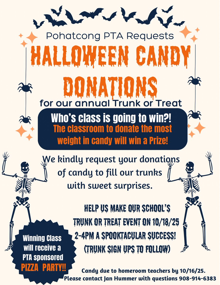 🍫 Help support our upcoming Trunk or Treat by donating a bag (or bags) of candy. The homeroom with the most pounds of candy donated by 10/16 will win a pizza party! 🍕