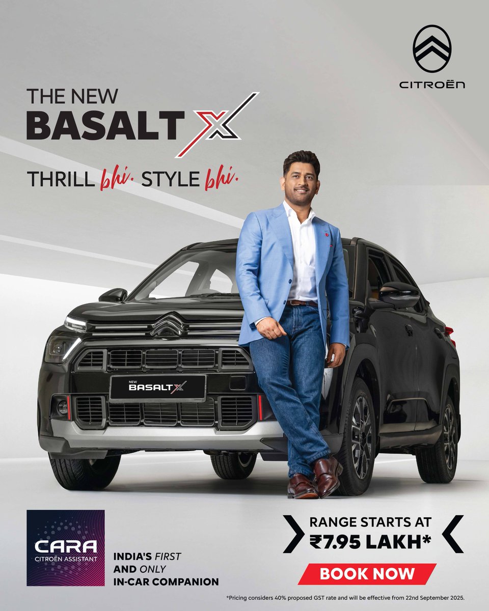 CitroenIndia's tweet image. Watch how Cara-India’s first and only in-Car Companion, takes its very first step into the spotlight. Introducing smarter, more human interactions inside the car every drive.
The New Basalt X, range starts at ₹7.95 Lakh*
Book now - bit.ly/3HWSlSe
#Cara #AIAssistant…