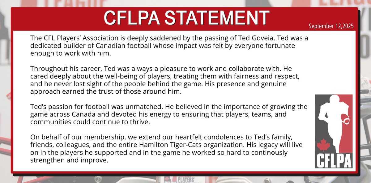 #TeamCFLPA mourns the passing of Ted Goveia.