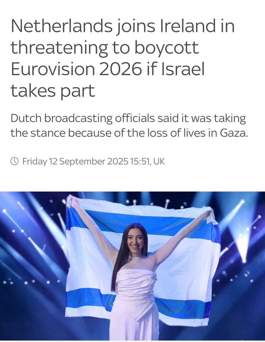 🚨 Netherlands joins Ireland (and Spain and Slovenia) in threatening to boycott Eurovision if Israel takes part.

This is gathering momentum and will be very hard to wave away…