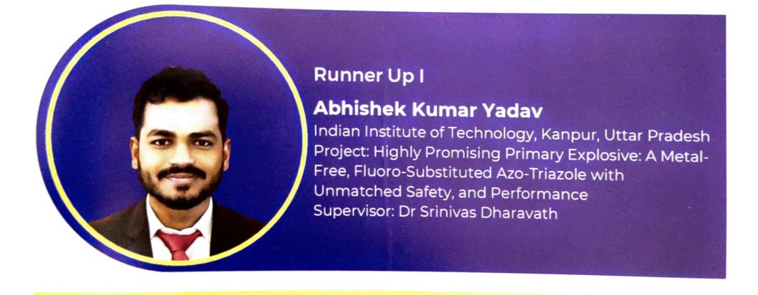 Honored to be awarded Runner Up-I in Rasayanam (Chemistry) at the KVRSS Research Awards 2025 🏅 for young scientists.
Grateful to <a href="/IITKanpur/">IIT Kanpur</a>, my PhD guide Prof. <a href="/Srinivas_IITK/">Srinivas</a> , KVRSS committee and jury, family &amp; friends for their support.
#KVRSS2025 #Research #PhD #Chemistry