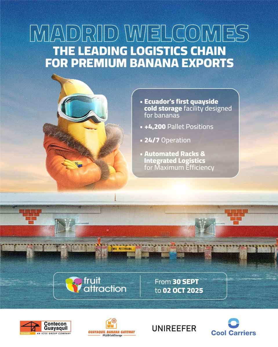 acorbanec's tweet image. 🍌 ¡Elevamos la calidad del banano ecuatoriano a otro nivel!

En Fruit Attraction Madrid 2025, descubre nuestra innovadora bodega fría al pie del muelle, diseñada para preservar la frescura y el sabor de cada banano.

Más eficiencia, más control, más calidad.

#Contecon