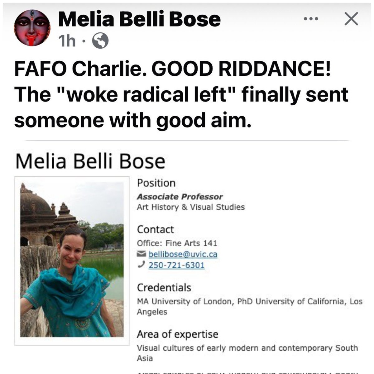 A professor from the University of Victoria in BC celebrates the assassination of Charlie Kirk

Make her famous