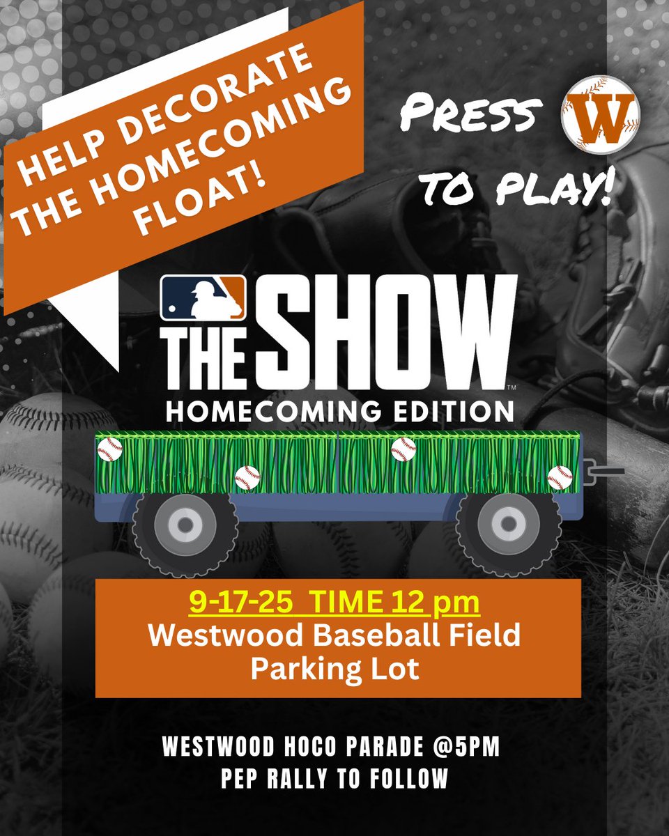 WWoodBaseball's tweet image. ⚾🎶 Help us build the Warrior Homecoming Float!
🗓 Sept 17, 12 PM – Westwood Baseball Field lot
🎉 Parade @ 5 PM + Pep Rally after

Let’s show out and rep Warrior Pride! 🟠⚫
#WarriorBaseball #Homecoming2025