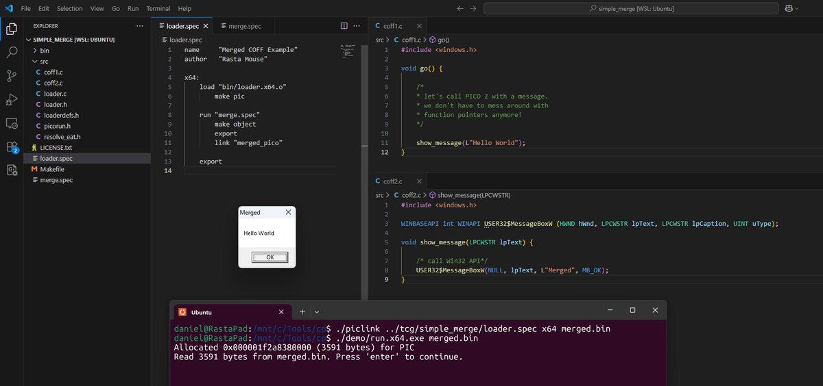 _RastaMouse's tweet image. Playing with Raffi&apos;s latest CP update - you can now merge multiple COFFs and magically link functions between them. This would allow you build a capability (like a C2 implant) from individual modules depending on what you wanted to include.
