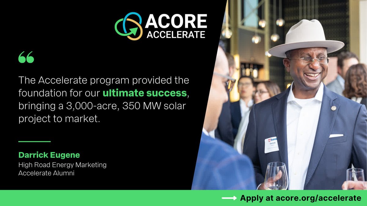 ACORE's tweet photo. 📣Apply to the #ACOREAccelerate cohort!
This two-year program helps members develop solutions across the clean energy spectrum–from wind and solar to battery storage.
Submit your application today! ➡️ https://t.co/9hobq5FRMH https://t.co/T1PVjcldcY