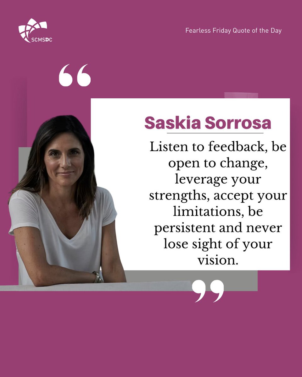 SCMSDC's tweet image. 🌟 #FearlessFriday 🌟 

 &quot;Listen to feedback, be open to change, leverage your strengths, accept your limitations, be persistent and never lose sight of your vision.&quot; — Saskia Sorrosa

#FearlessFridays #SCMSDC #Leadership #GrowthMindset #Inspiration