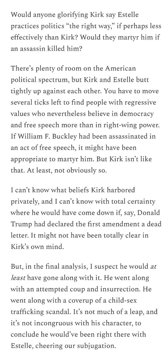 brianbeutler's tweet image. This is indeed what he meant. It’s just an incorrect assessment of Kirk’s character and project. Using free speech does not make one liberal-minded or a free-speech supporter. Kirk was neither. offmessage.net/p/charlie-kirk…