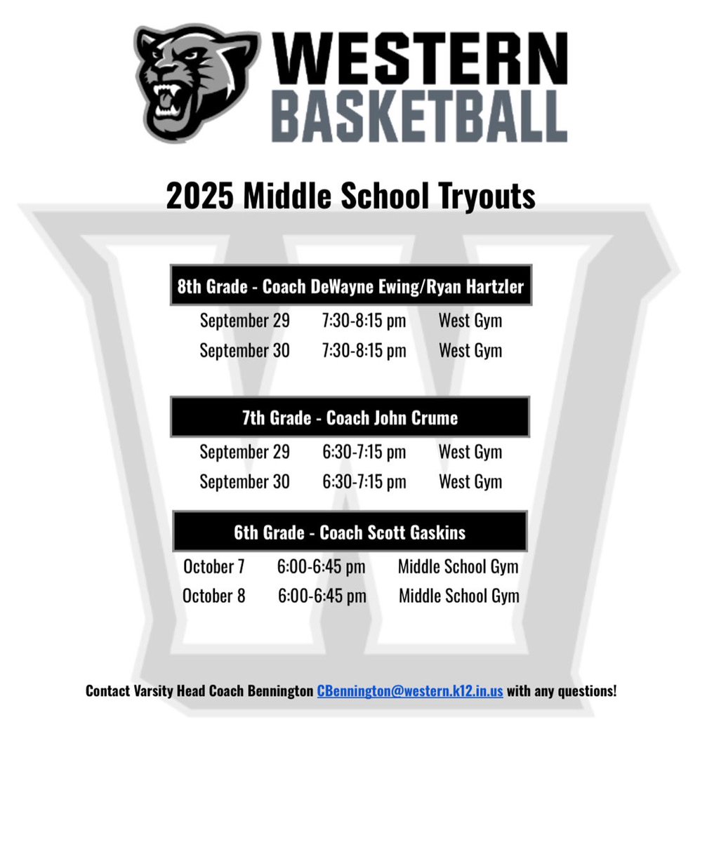🚨ATTENTION MIDDLE SCHOOL PARENTS AND PLAYERS 🚨

Please see the 2025 Western Panthers middle school boy’s basketball tryout information! #GoPanthers #FEARLESS