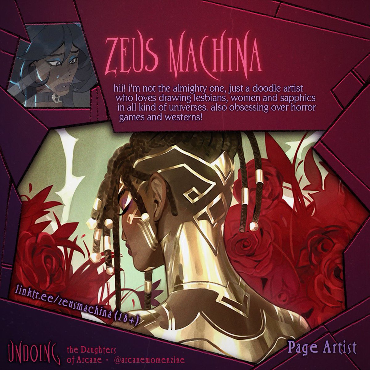 ArcaneWomenZine's tweet image. Contributor Spotlight: @zeusmachinaa 💜 

Meet Zeus, one of our Page Artists! She&apos;s undone by that elusive second sock in the washing machine.