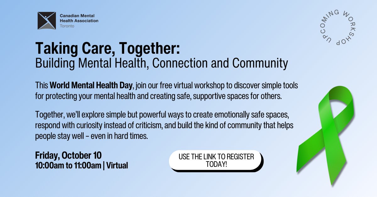 This World Mental Health Day, join our free virtual workshop to learn grounding techniques &amp; tools to protect your mental health &amp; support others. Explore ways to create safe spaces &amp; build community care. 💚 

Register today: ow.ly/qkVy50WVUzm