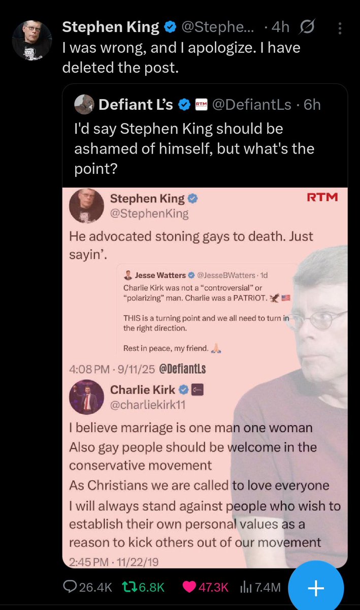 citizenshiper1's tweet photo. Repost: WOW π€π«‘π€―ππ½πππ«π―THATS AMAZING TO SEE!!
good job @StephenKing π thanks for being an adult and leading by example on how to admit things responsibilities!! β
π#Kirk & #King #RealityCheck #CharlieWasSlandered #CharacterAssassination #DefamationOfCharacter #FakeNews https://t.co/ABguoaPgAe