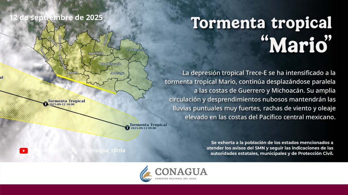 #AvisoMeterológico
La Depresión Tropical Trece-E se intensificó a la Tormenta Tropical #Mario.