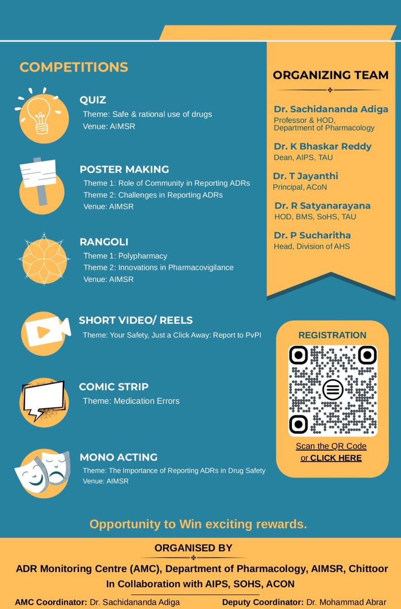 Pharmacovigilance Week 2025
AIMSR, Chittoor | Sept 17–23
Theme: "Your Safety, Just a Click Away: Report to PvPI"
ADR awareness, student activities, &amp; competitions!

#DrugSafety #PvPI #AIMSRChittoor #PharmacovigilanceWeek2025 #ADRs #PatientSafety