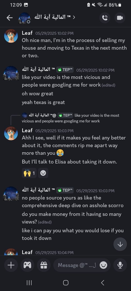 LeafKingKAF's tweet photo. @ElisaJordana Just because I can't post on my account doesn't mean I can't read.

Please stop lying about why I took the video down and pushing a narrative that I'm talking to bad trolls. Your attempts to demonize me is incredibly wrong. https://t.co/N26MOqSJOZ