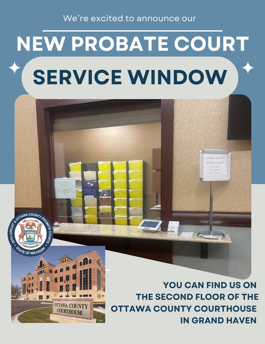 20th Circuit & Ottawa County Probate Courts (@circuitprobate) on Twitter photo We are open for business!  As part of the Probate Court’s move to the Courthouse in Grand Haven, a new public service window with an e-filing station was created on the north end of the second floor.  We are available to help the public with their cases involving many case types! We are open for business!  As part of the Probate Court’s move to the Courthouse in Grand Haven, a new public service window with an e-filing station was created on the north end of the second floor.  We are available to help the public with their cases involving many case types!